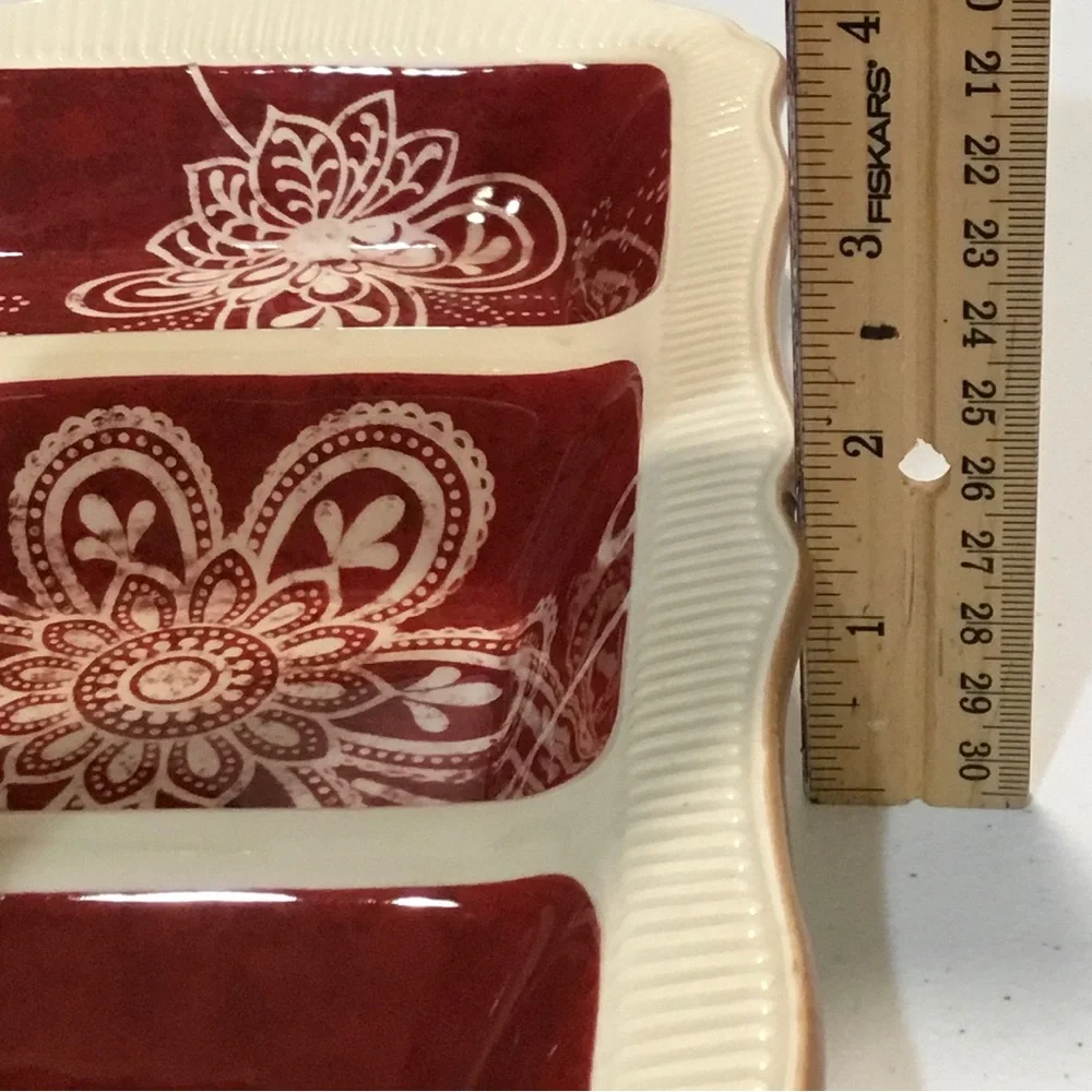 Pier 1 Red and Cream Ceramic Divided Tray with Floral Motif